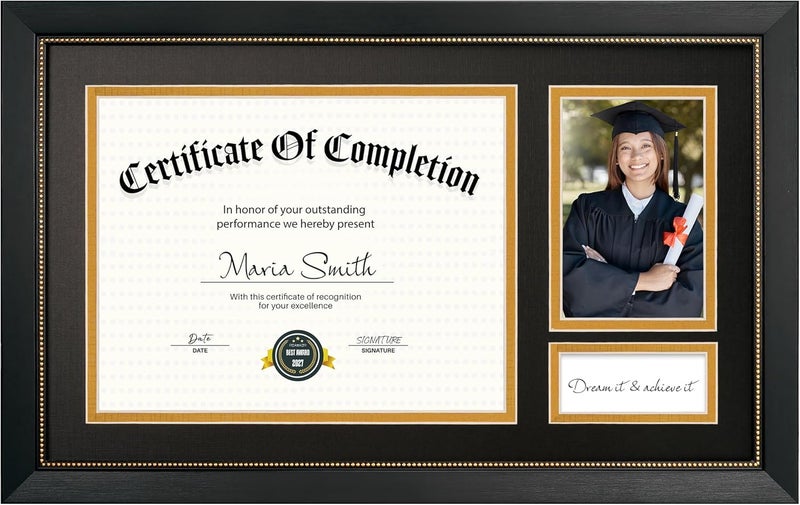 GiftMust 11x18.5 Graduate Frame for 8.5x11 Certificate Document, Display One 8.5x11 Diploma and One 4x6 Graduate photo, Real Glass, Black Frame with Black Over Gold Double Mats - Image 1